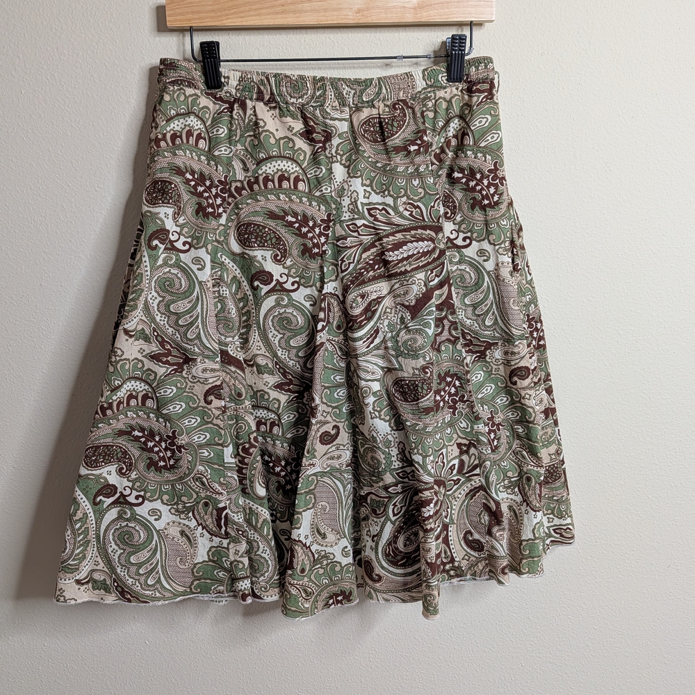 Banana Republic Paisley Skirt Size M Green Brown A-Line Flowy Elastic Waist
